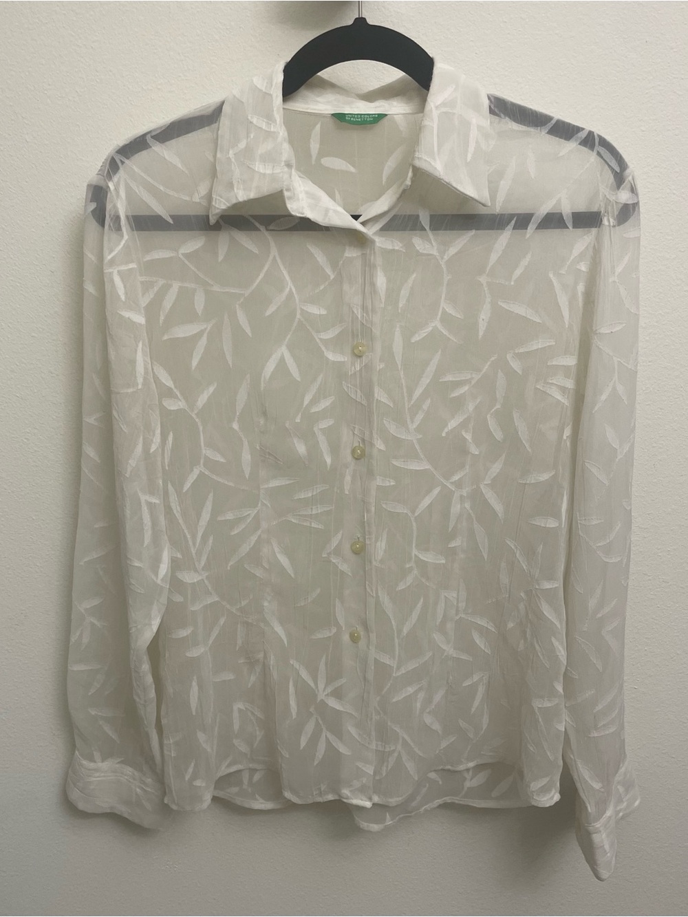 United Colors Of Benetton White Leaf-Pattern Sheer Button-Down Shirt